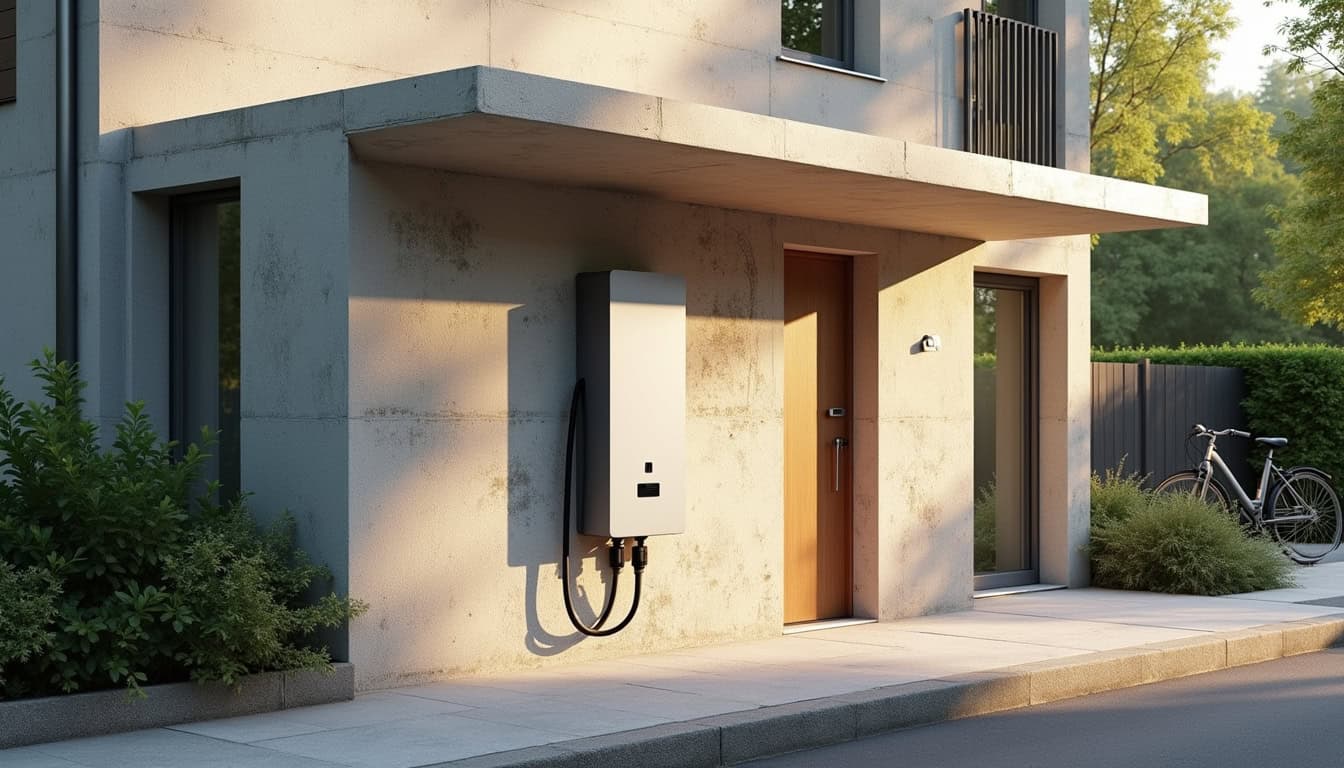 Borne électrique installée à l'extérieur d'une maison à Prémilhat, sous abri