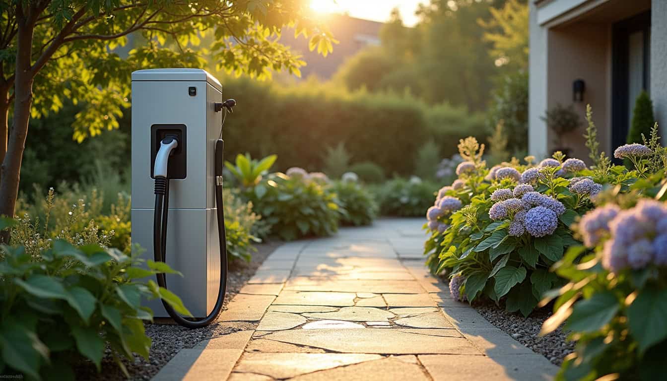 Borne électrique installée dans un jardin à Pont-l'Abbé
