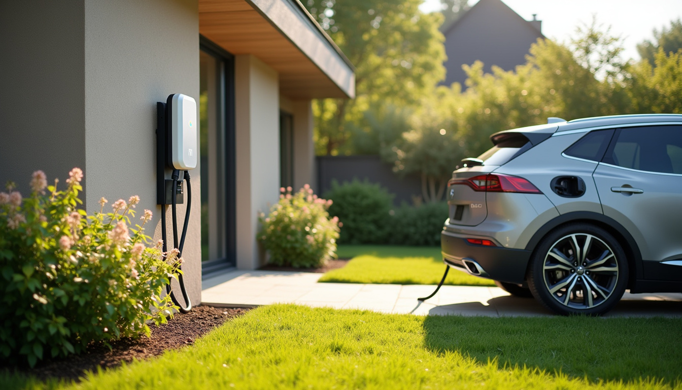 Borne électrique installée dans un jardin de maison à Fromelennes, avec câble connecté à un véhicule électrique
