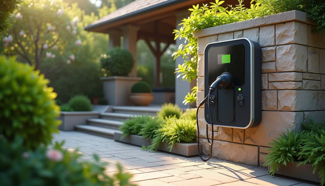 Borne électrique installée dans un jardin privé à La Bazoche-Gouet
