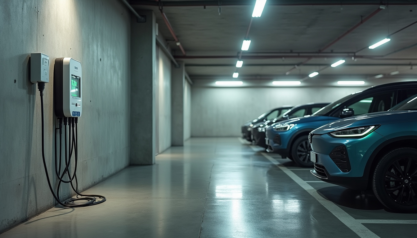 Borne électrique installée dans un parking de copropriété à La Chaize-Giraud avec plusieurs véhicules électriques garés à proximité