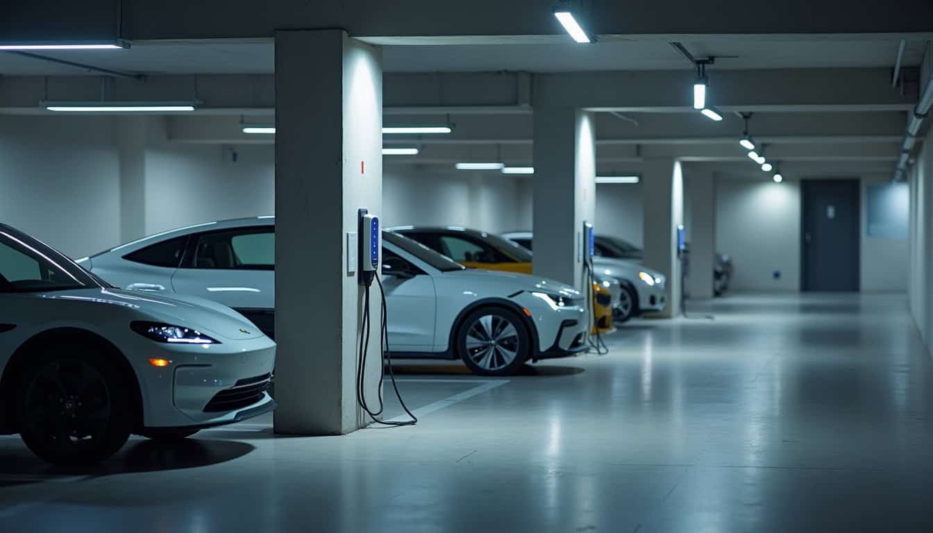 Borne électrique installée dans un parking de copropriété à Sérignan, avec plusieurs véhicules électriques à proximité
