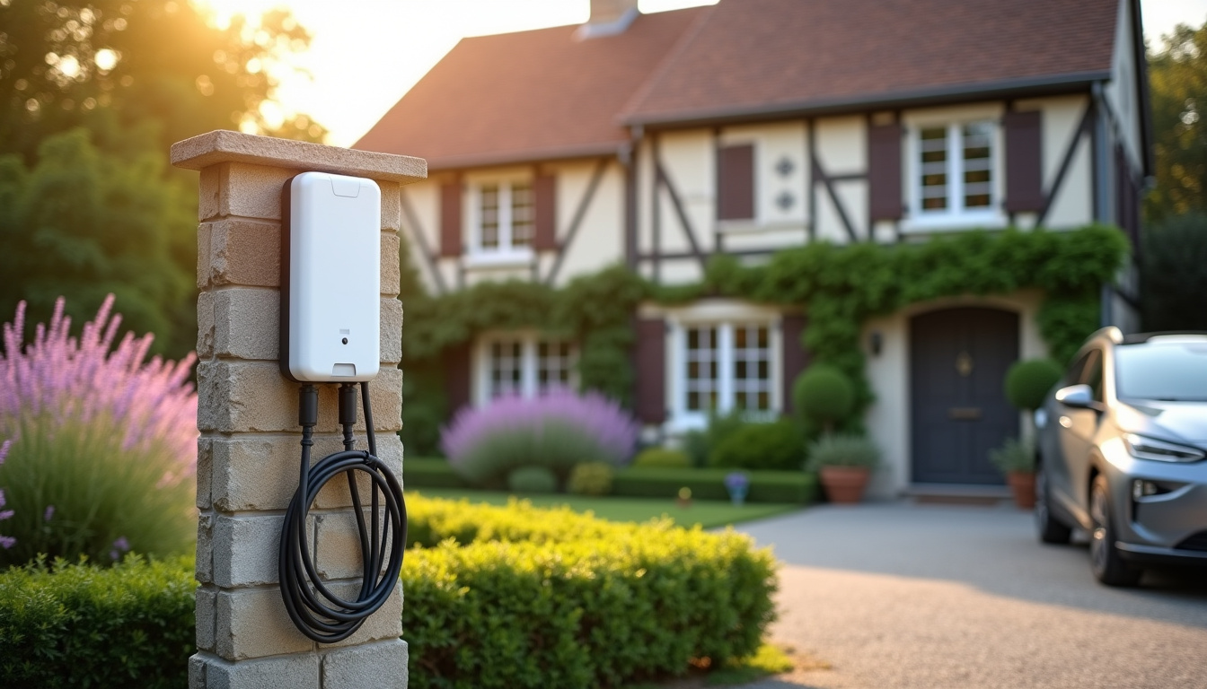 Borne électrique installée devant une maison typique d'Azay-sur-Cher avec jardin