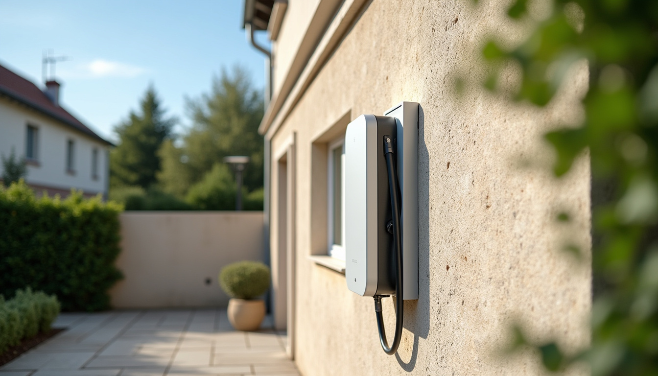 Borne électrique installée sur un mur extérieur d'une maison à Bron