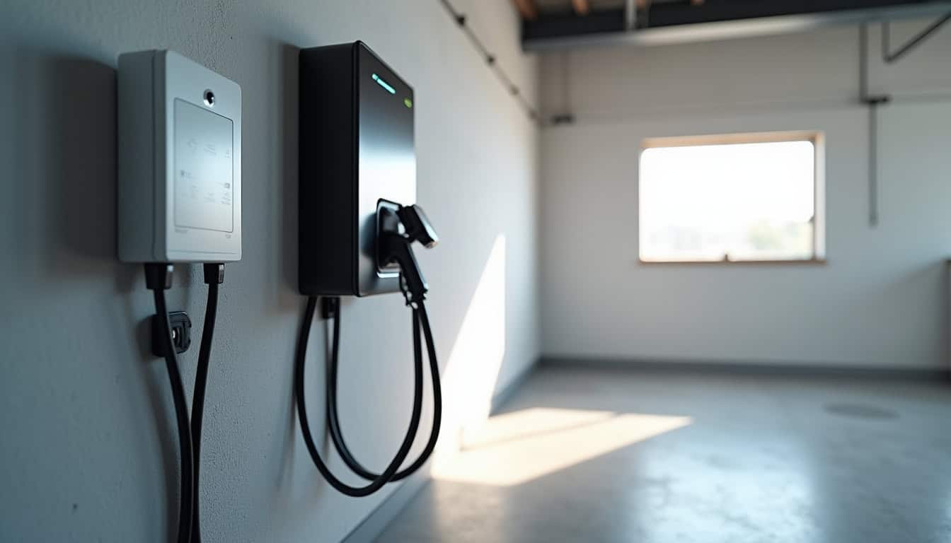 Borne électrique intelligente reliée au tableau électrique dans un garage