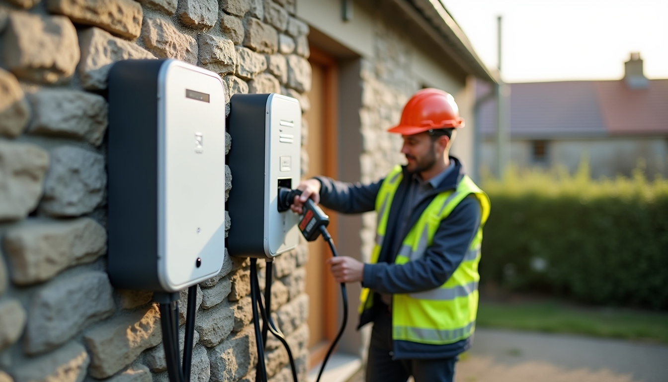 Borne électrique murale en cours d'installation sur un mur extérieur à Saint-Aubin-d'Aubigné