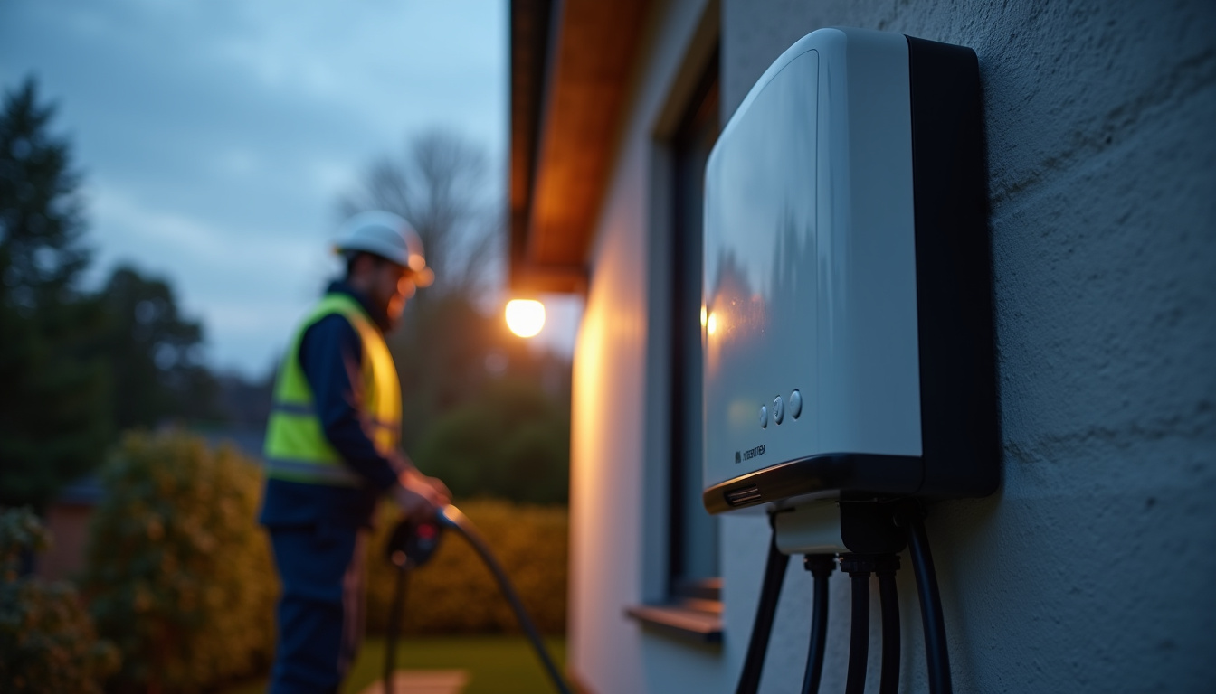 Borne électrique murale en cours d'installation sur un mur extérieur