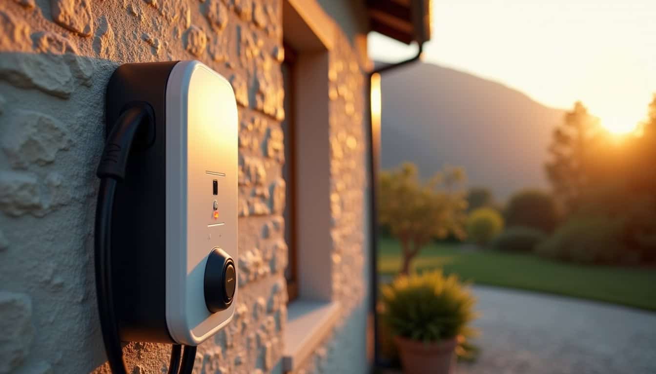 Borne électrique murale installée à l'extérieur d'une habitation à Néfiach
