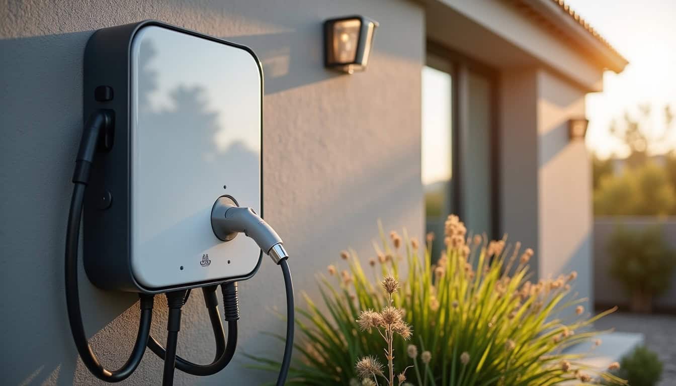 Borne électrique murale installée à l'extérieur d'une maison à Gières