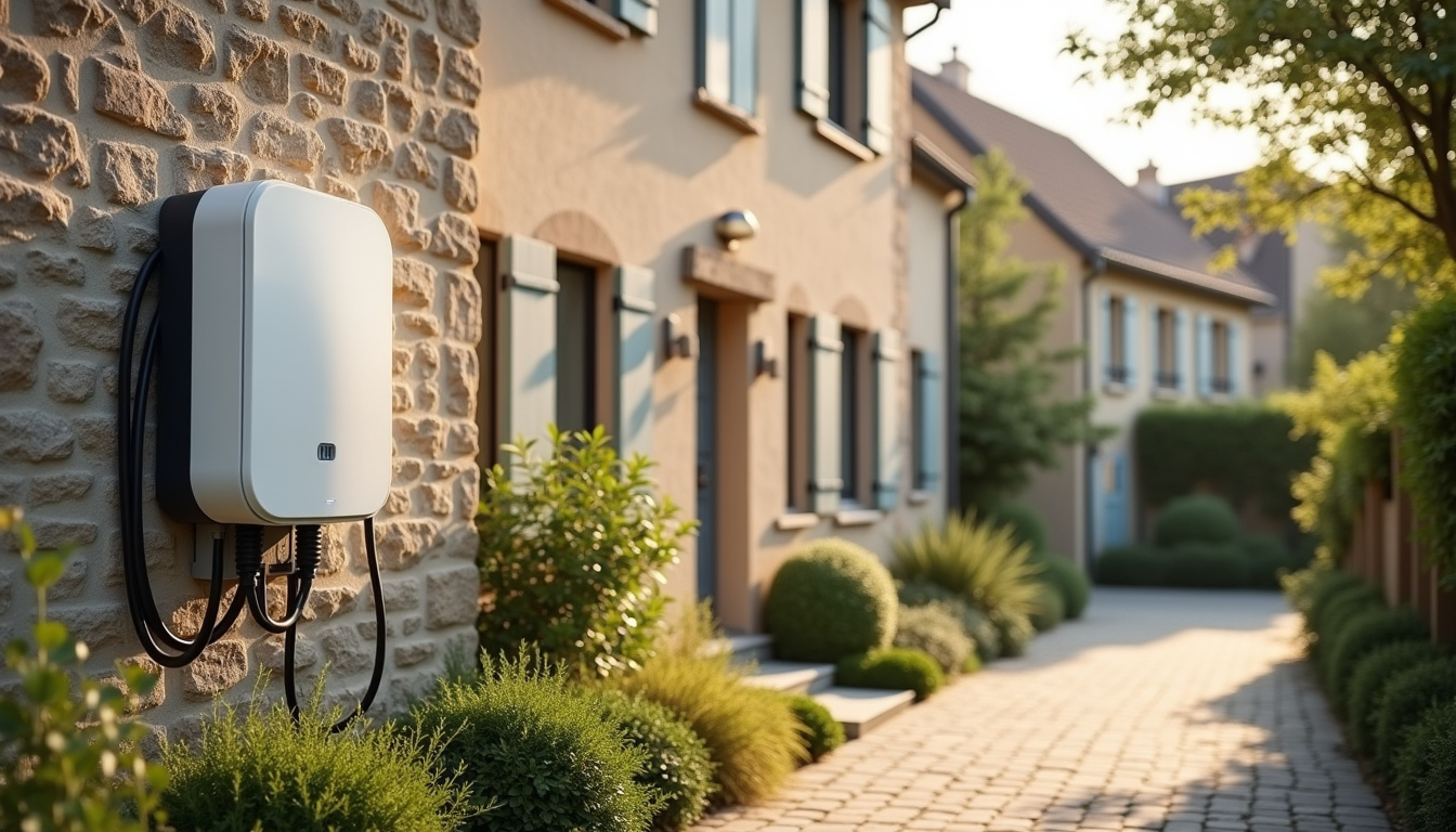 Borne électrique murale installée à l'extérieur d'une maison à Vic-en-Bigorre