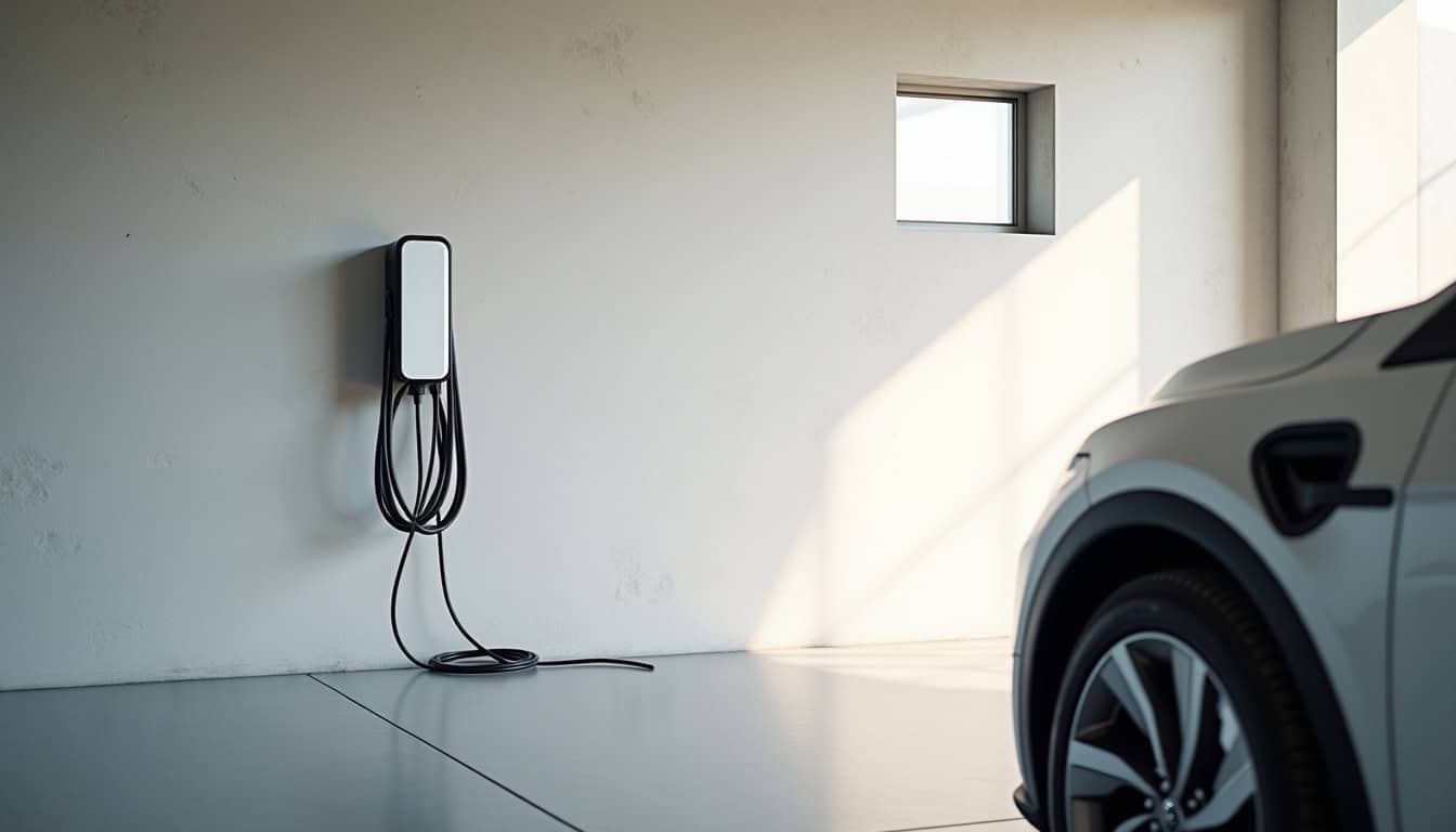 Borne électrique murale installée dans un garage à Fontaine-le-bourg