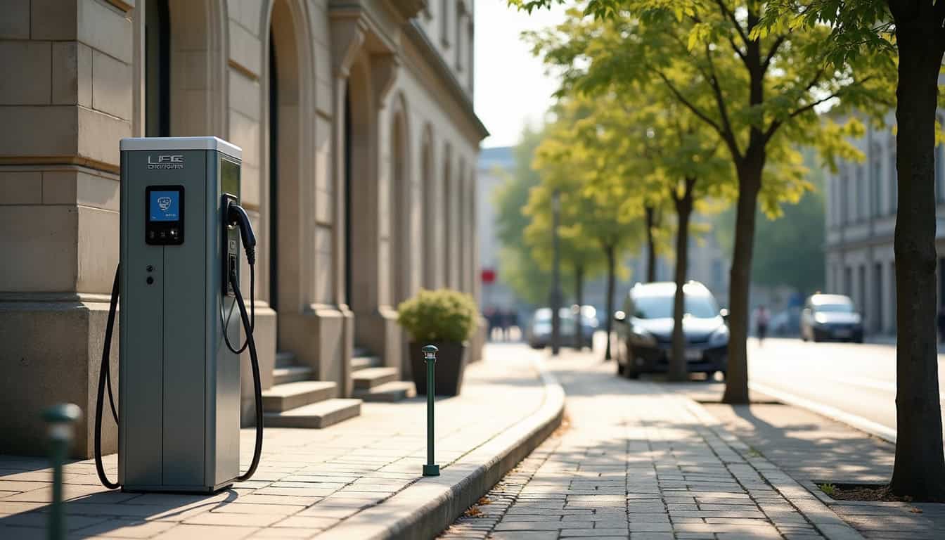 Borne électrique publique située devant la mairie de Fréthun, rue de la Mairie