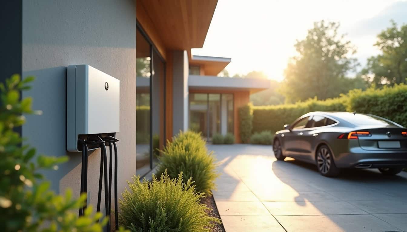 Borne électrique wallbox installée sur un mur extérieur d'une maison à Villages du Lac de Paladru