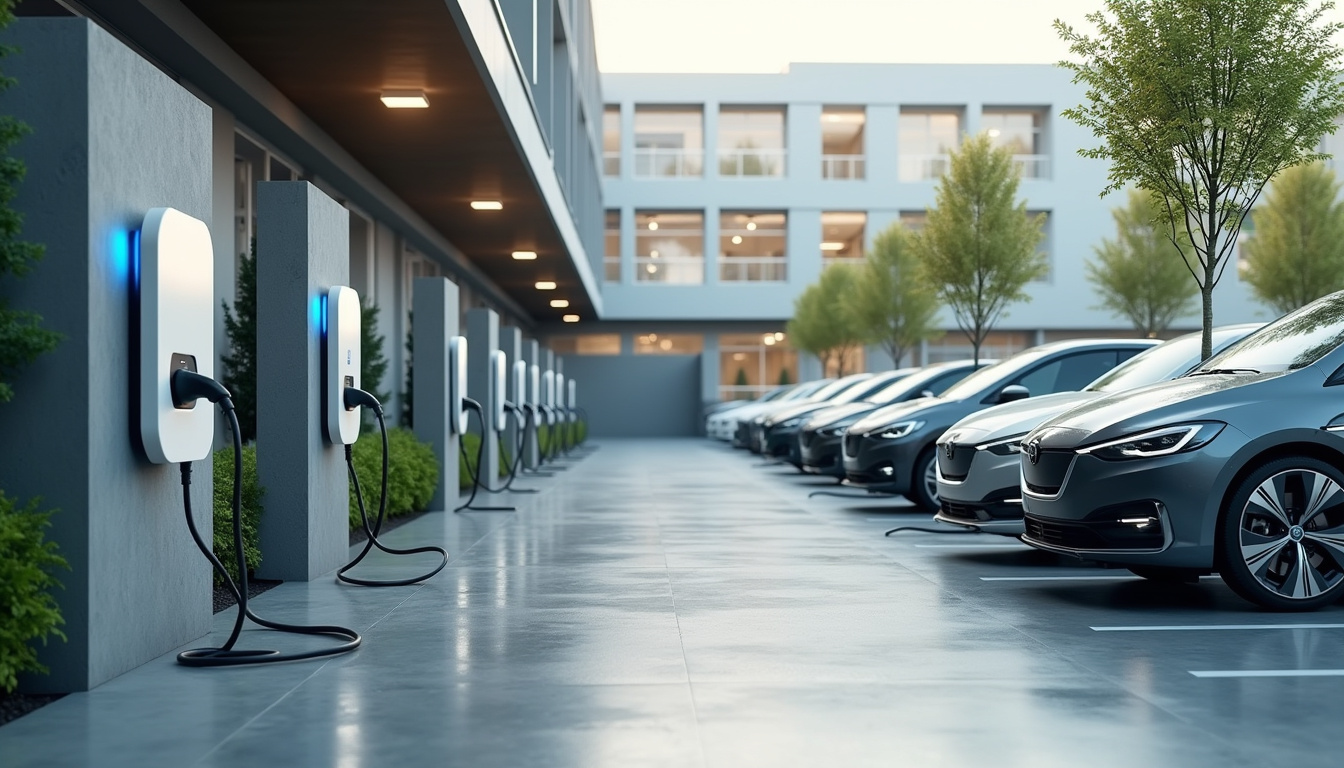 Bornes de recharge électriques installées dans un parking d'entreprise avec véhicules électriques en charge