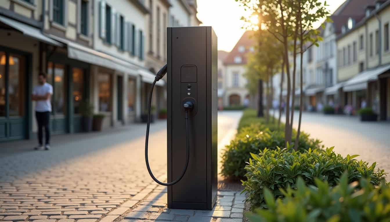 Bornes de recharge électriques installées en centre-ville de Bouzonville, visibles sur la place du marché