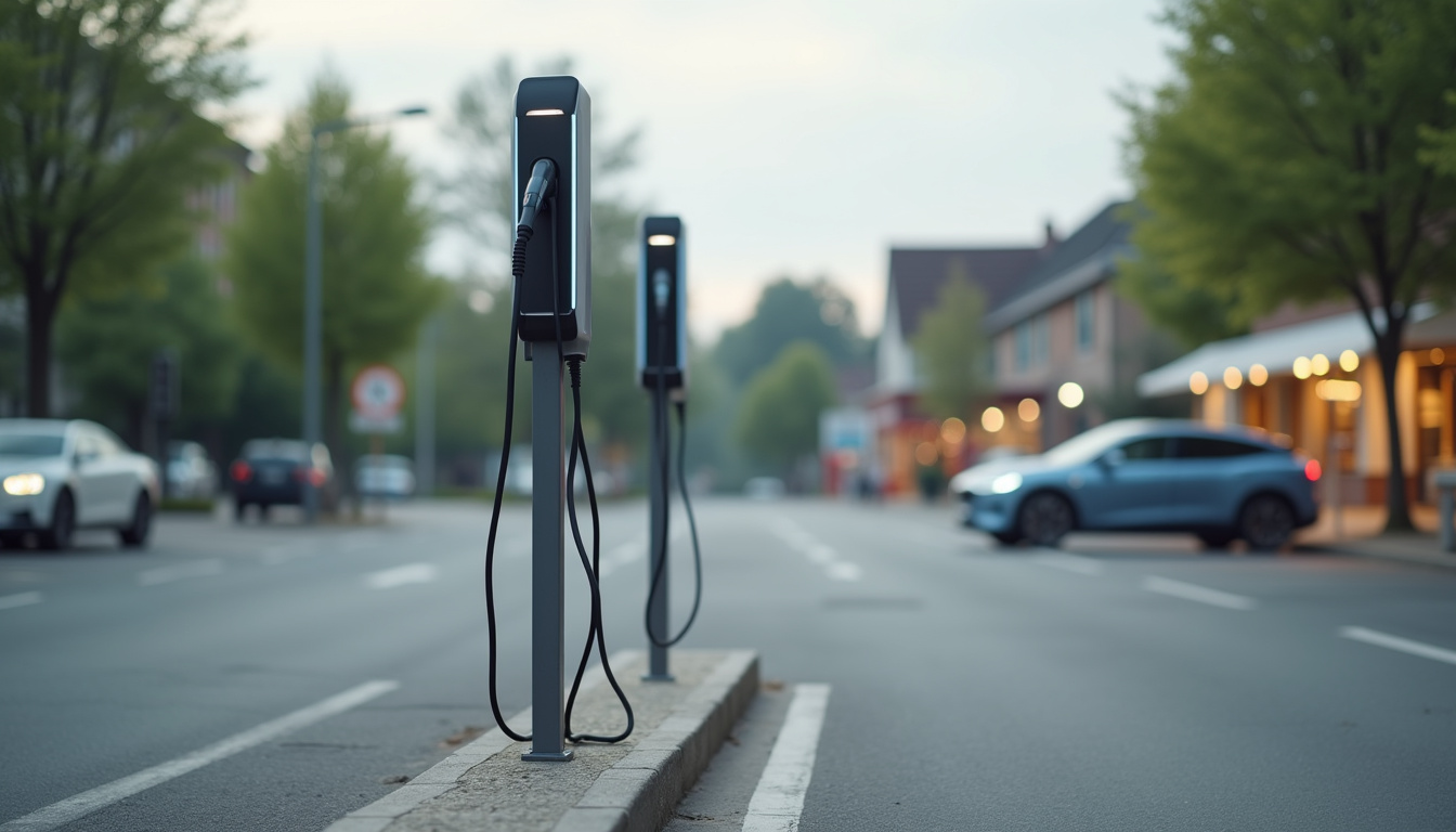 Bornes de recharge électriques installées le long de la rue des Artisans à Volgelsheim, près d’un supermarché
