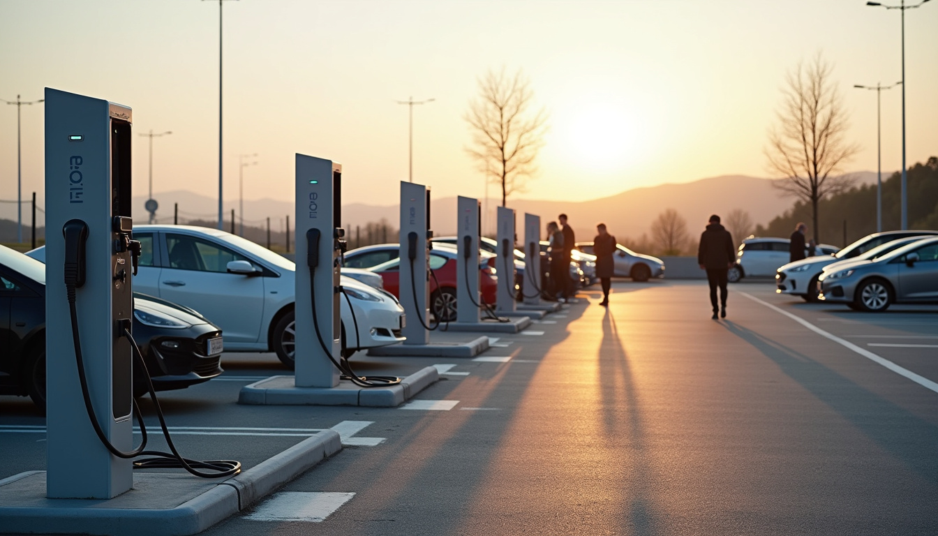 Bornes de recharge installées sur un parking municipal à Campan, avec plusieurs véhicules électriques en charge