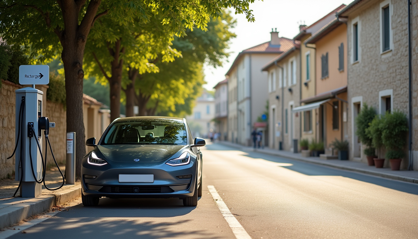 Bornes de recharge publiques à Céret, localisation sur une rue avec panneau indicateur et véhicule électrique en charge