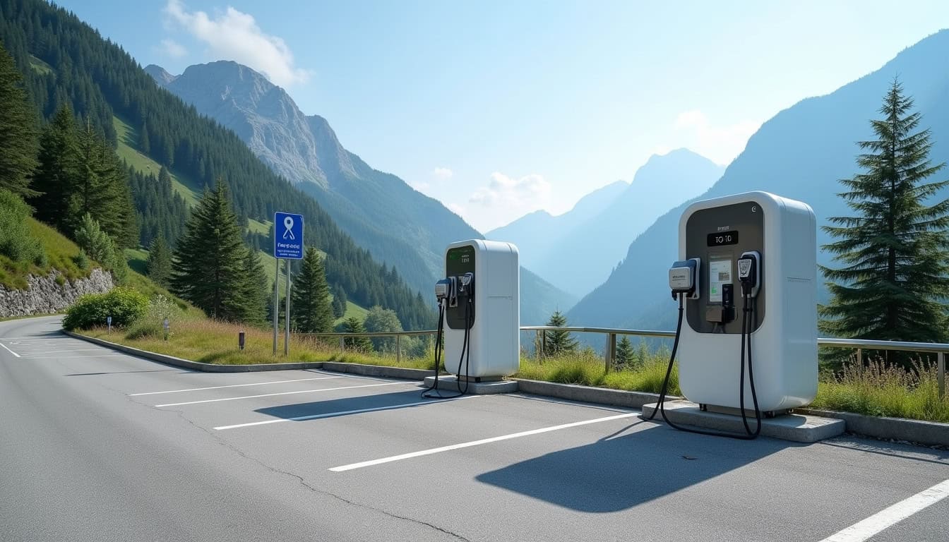 Bornes de recharge publiques à Les Houches, installées le long d'une route nationale et dans un parking municipal