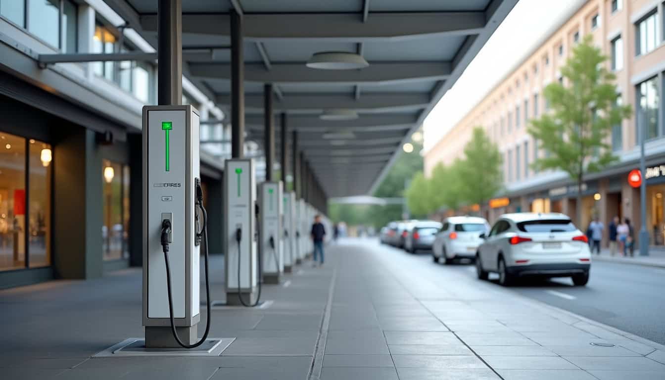 Bornes de recharge publiques installées à Saint-Laurent-de-la-Salanque, visibles sur une zone commerciale