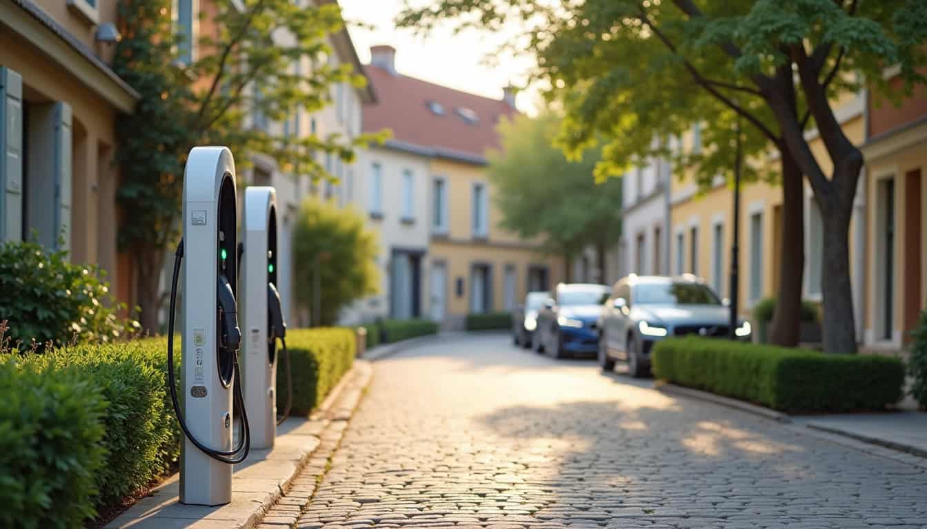 Bornes de recharge publiques installées dans la commune de Granges-Aumontzey, visibles le long d'une rue résidentielle