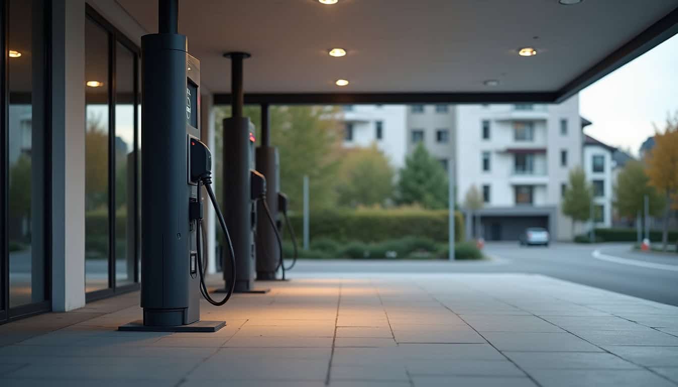 Bornes de recharge publiques installées dans un parking à Saint-Jouan-des-Guérets