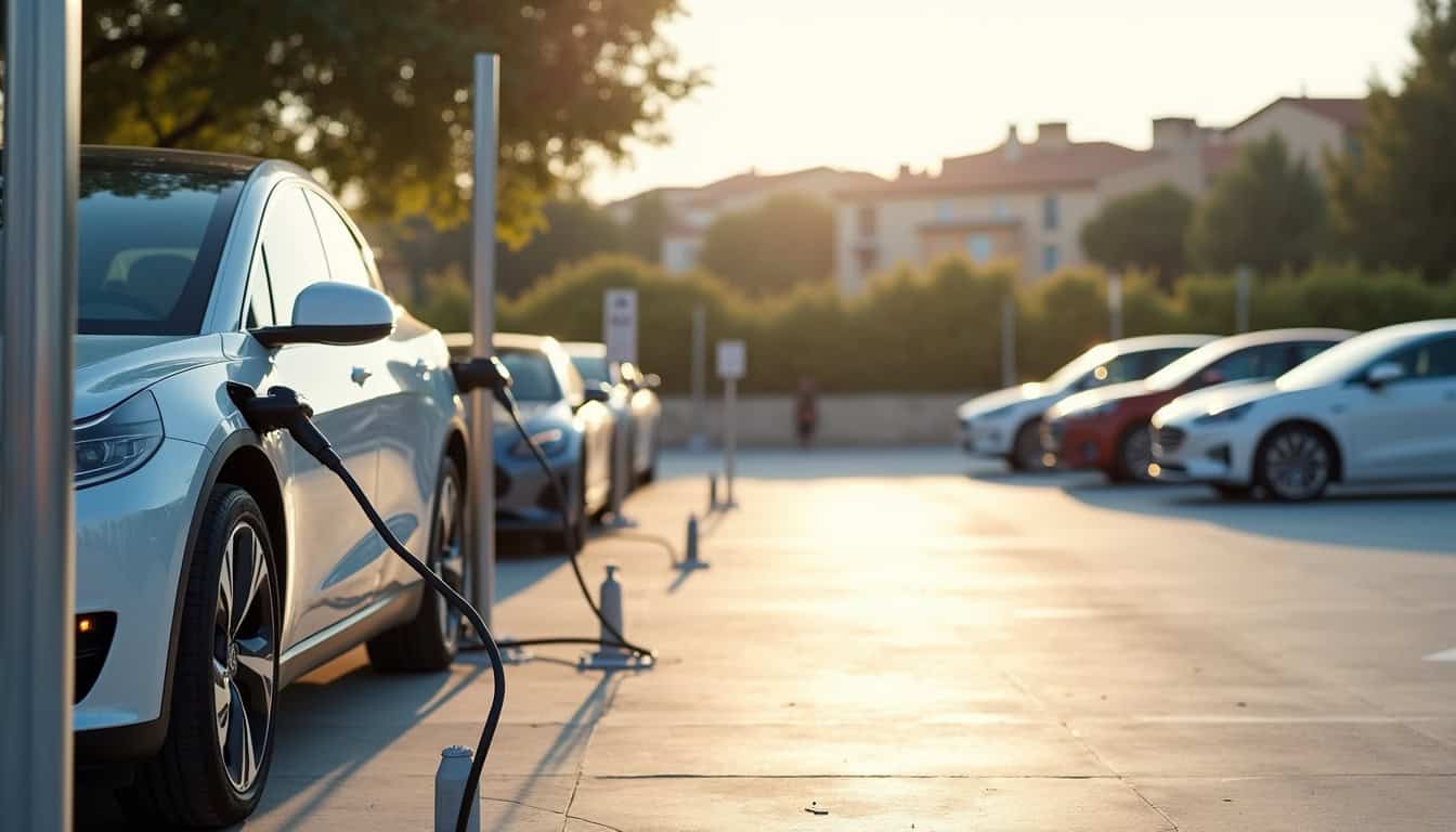 Bornes de recharge publiques installées dans un parking de Trans-en-Provence, avec véhicules électriques en cours de charge