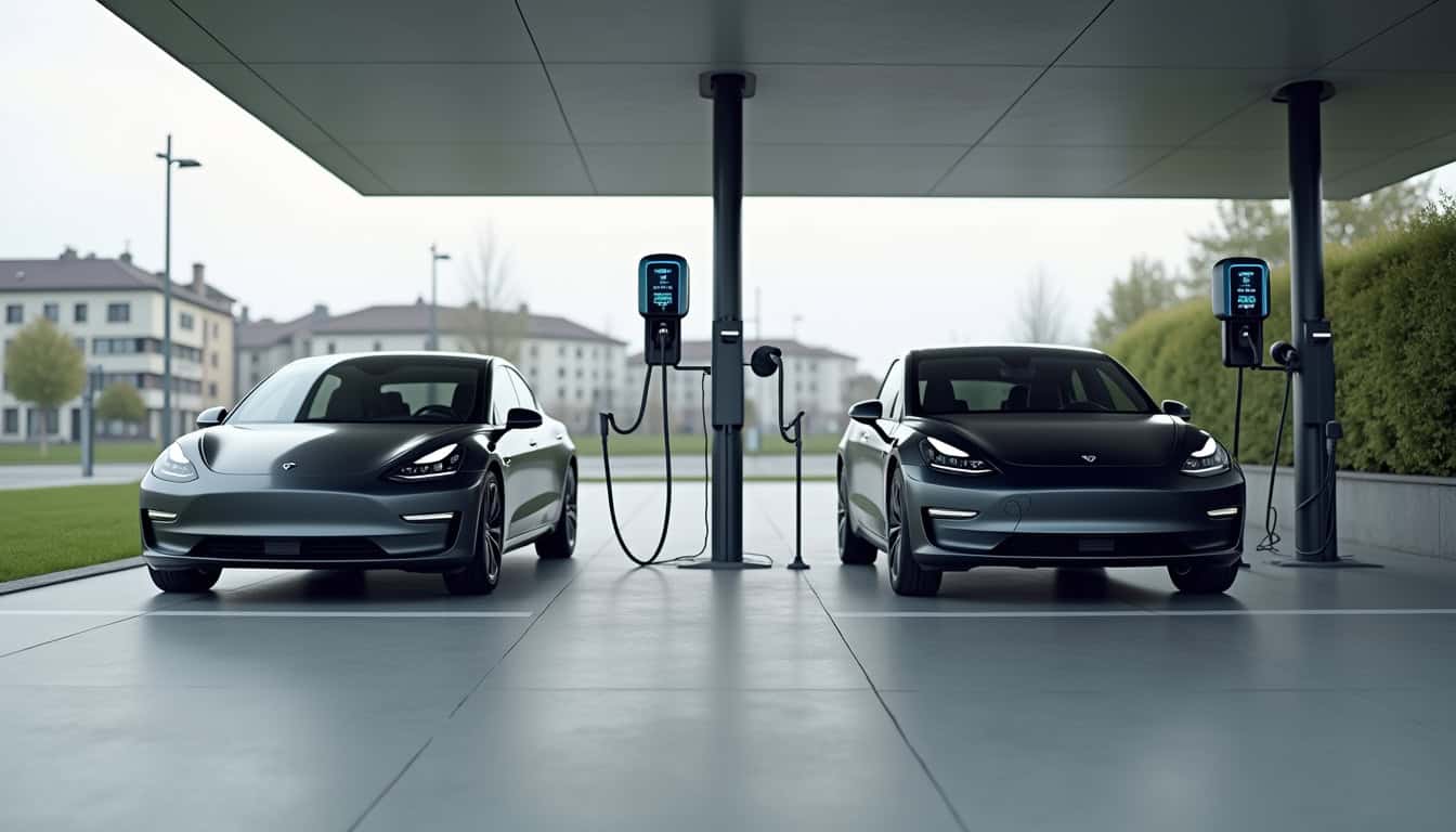 Bornes de recharge publiques installées sur un parking à Étrelles, avec véhicules électriques en charge