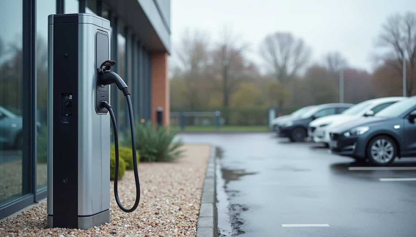 Bornes de recharge publiques installées sur un parking d'entreprise à Tonnay-Charente