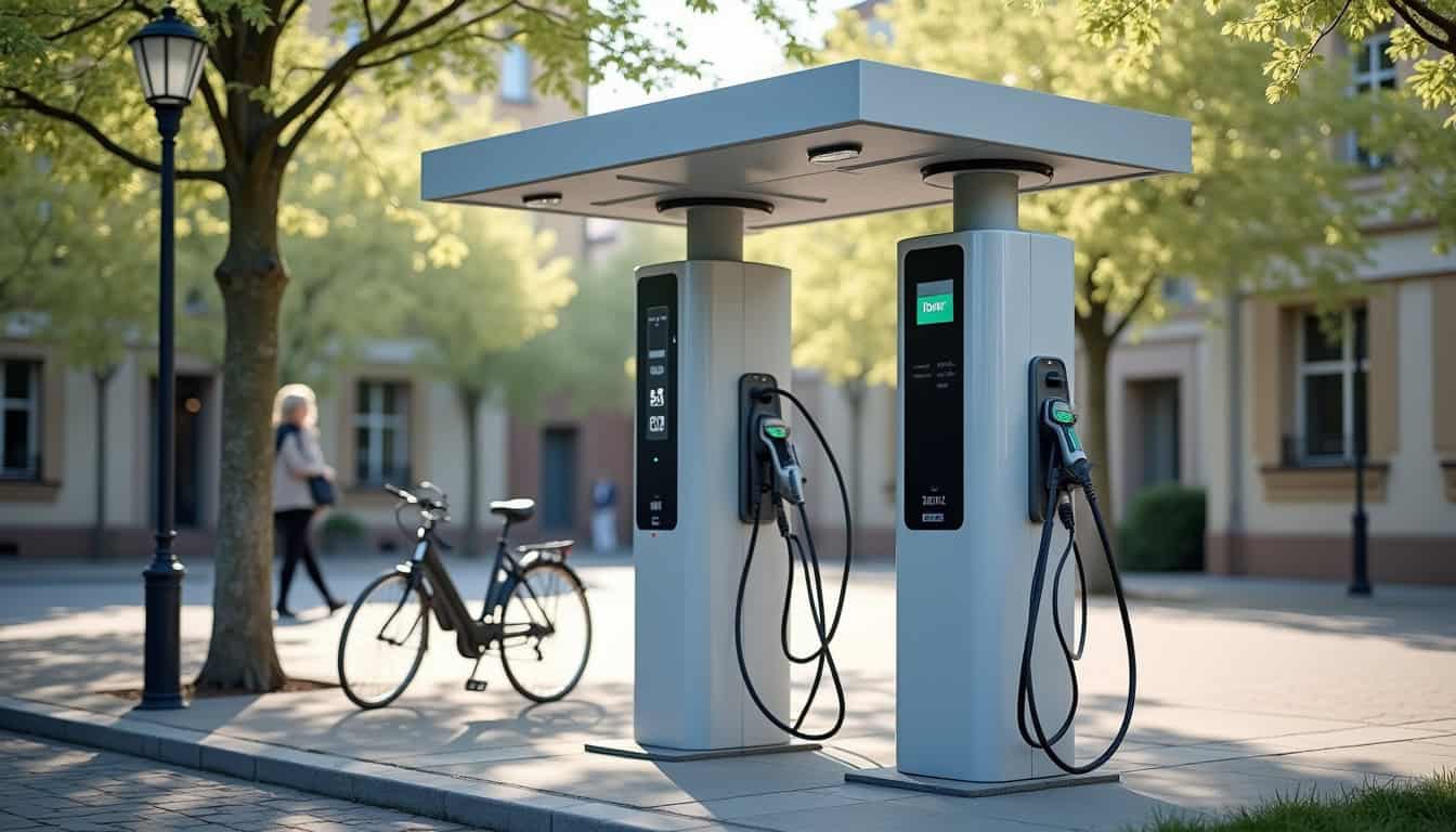 Bornes de recharge publiques situées à Boën-sur-lignon, équipées de différents types de connecteurs