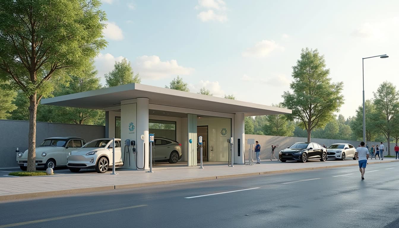 Bornes de recharge publiques situées au cœur de Pujaudran, avec véhicules électriques en cours de charge