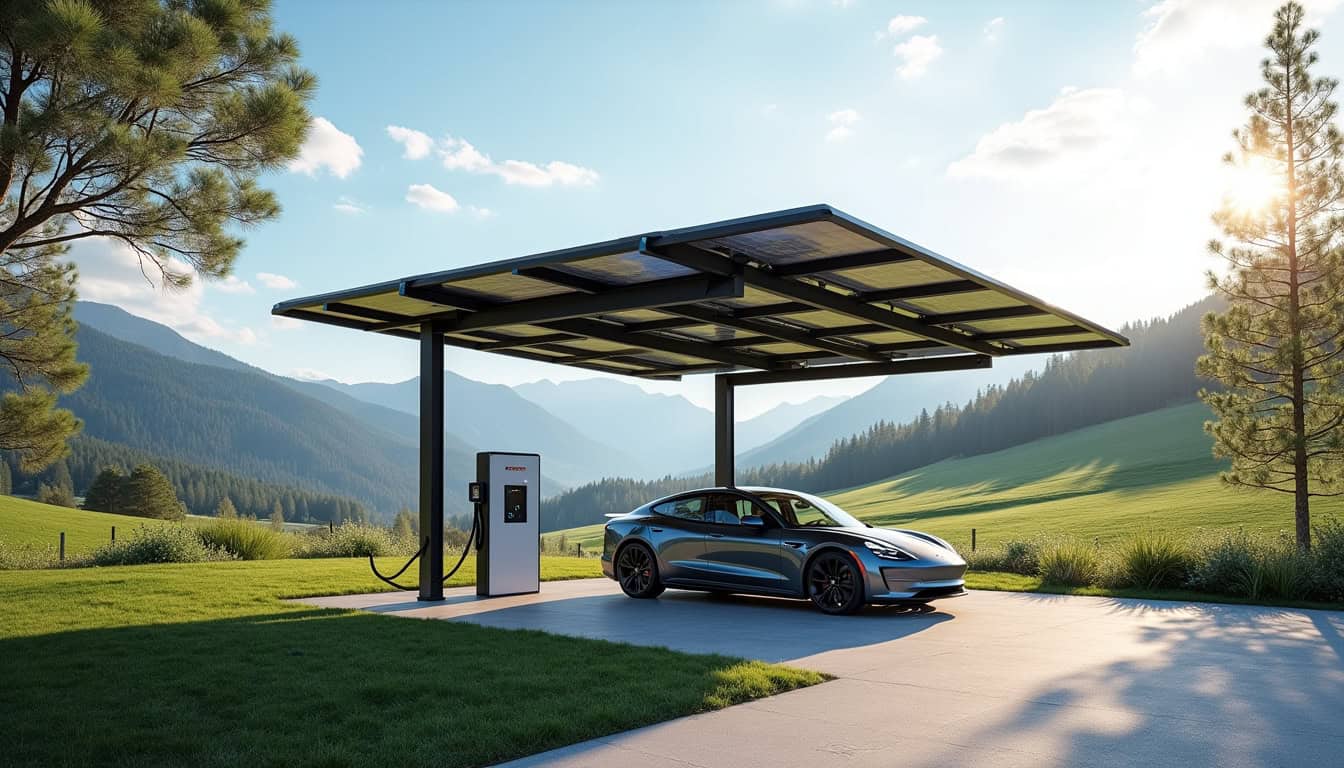 Carport solaire équipé d'une borne de recharge installé à Villar-Saint-Pancrace