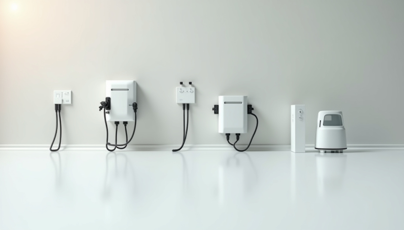 Comparaison visuelle de différents types de bornes de recharge: prise renforcée, borne murale 7,4 kW, borne triphasée 22 kW
