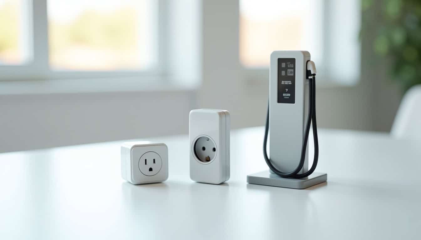 Comparaison visuelle de différents types de bornes de recharge: wallbox, prise renforcée, borne publique