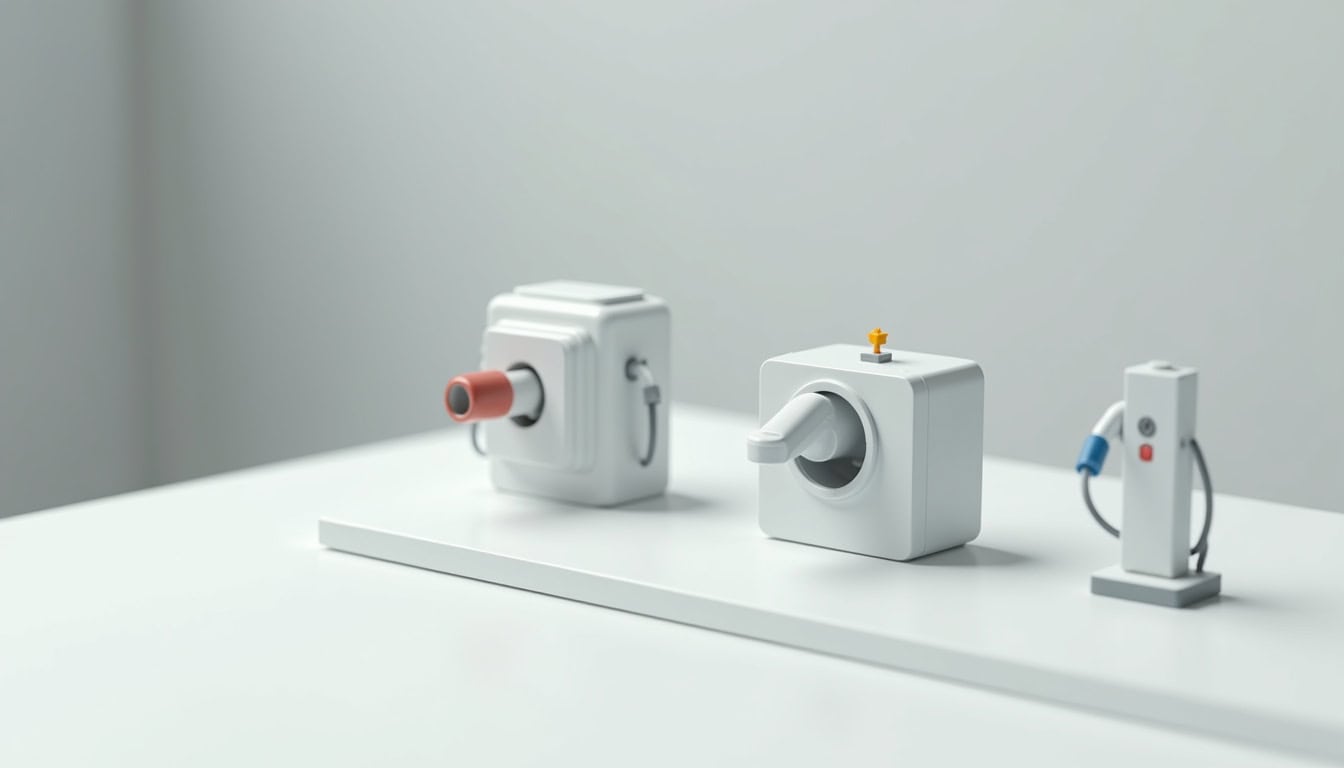 Comparaison visuelle des différents types de bornes de recharge électrique: prise renforcée, wallbox monophasée et triphasée