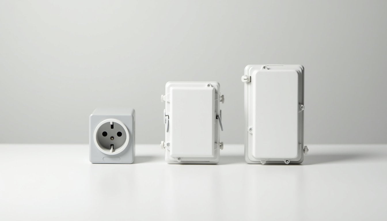 Comparaison visuelle des différents types de bornes de recharge électrique: prise renforcée, wallbox monophasée et triphasée