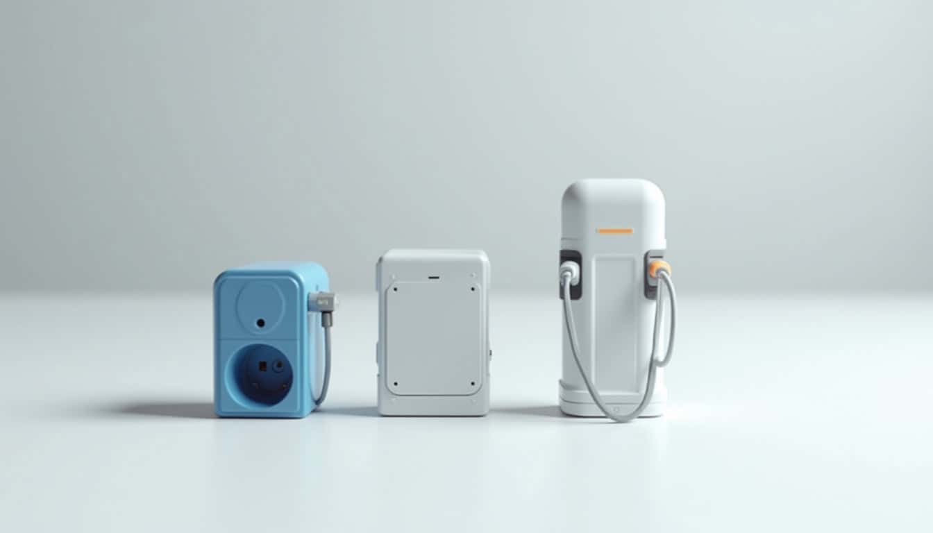 Comparaison visuelle des différents types de bornes de recharge électrique: prise renforcée, wallbox standard, borne rapide