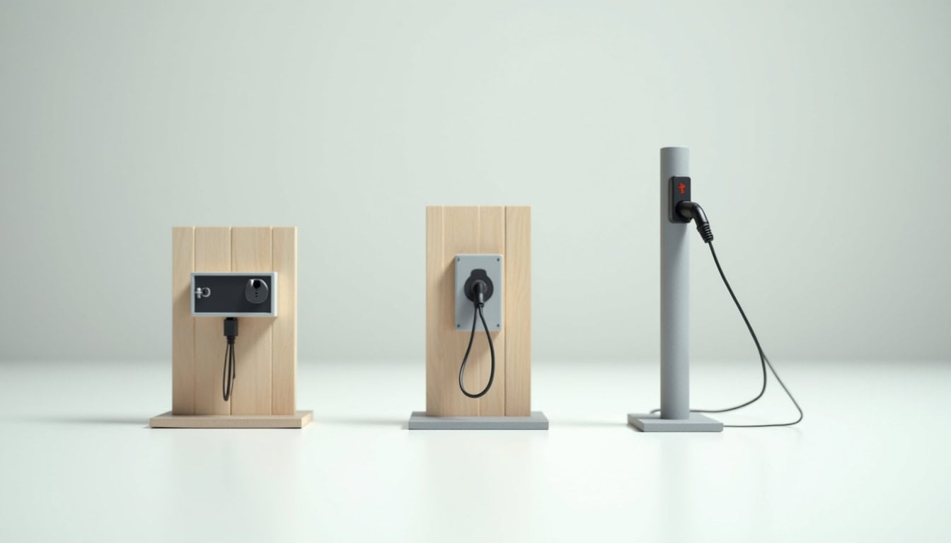 Comparaison visuelle des différents types de bornes de recharge électrique: wallbox, prise renforcée et borne publique