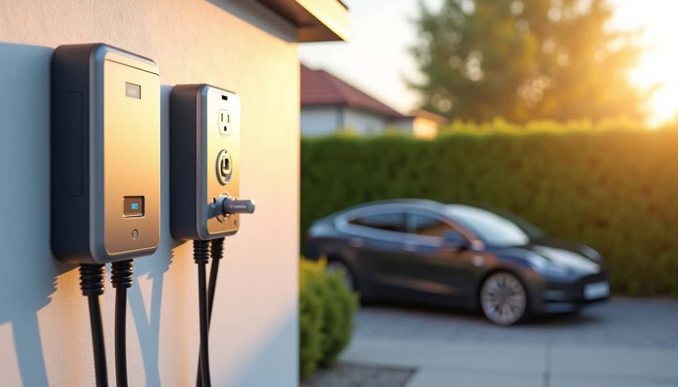 Comparaison visuelle des différents types de bornes de recharge électrique: wallbox, prise renforcée et borne triphasée installée en extérieur