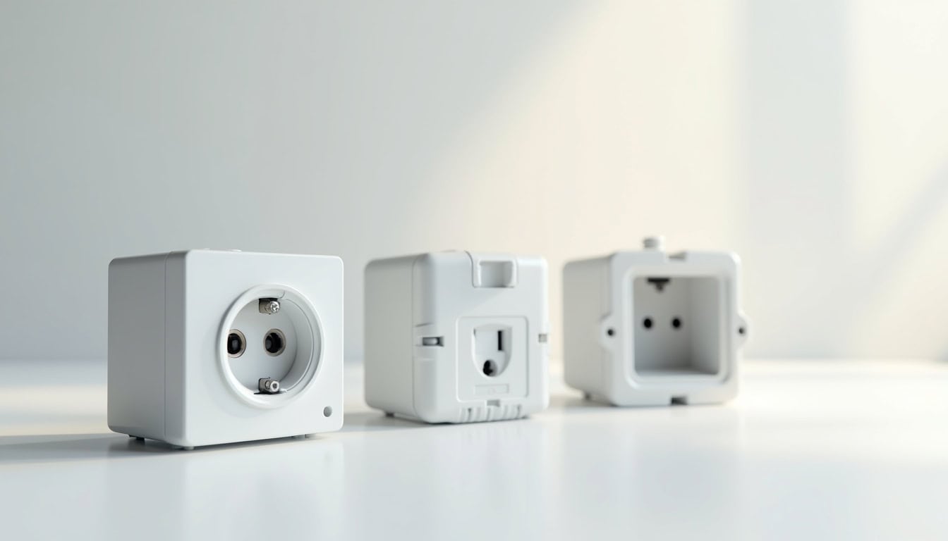 Comparaison visuelle des différents types de bornes de recharge: prise domestique, prise renforcée et wallbox