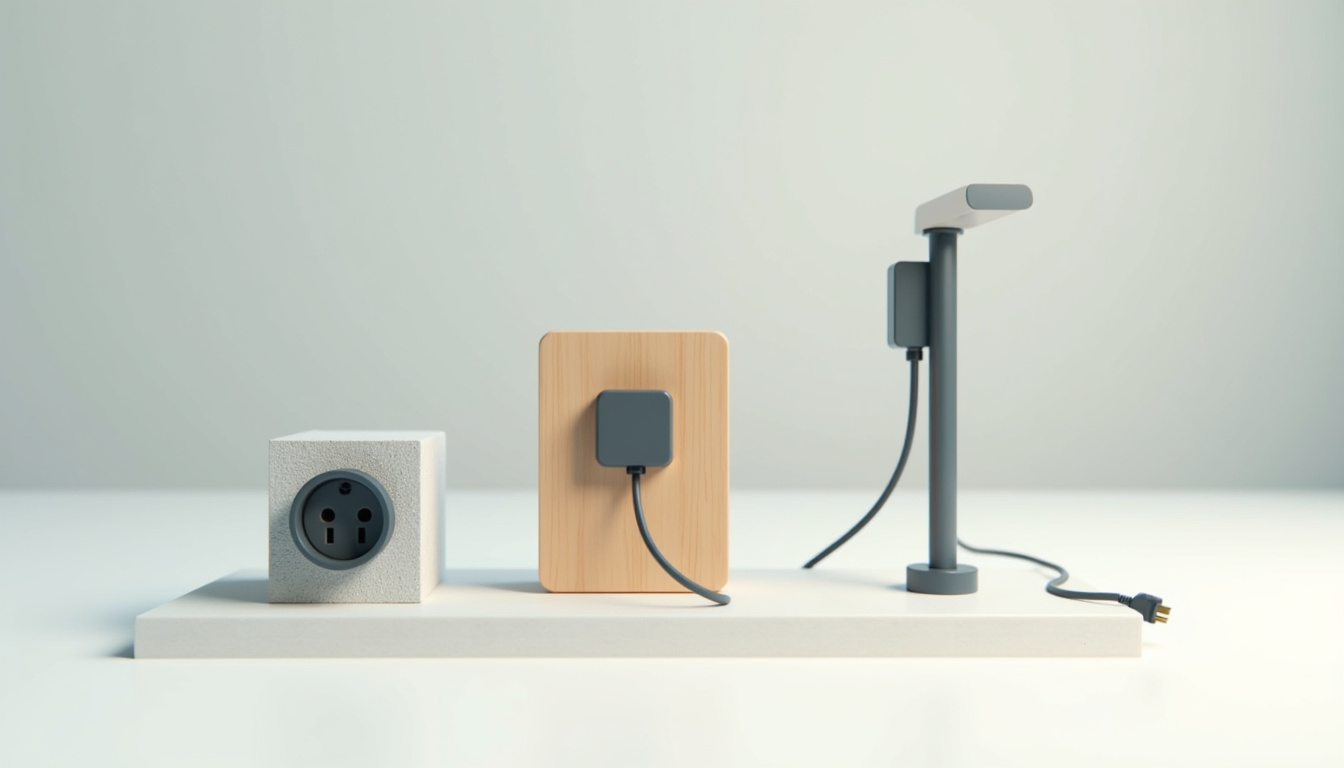 Comparaison visuelle des différents types de bornes de recharge: prise renforcée, wallbox et borne publique