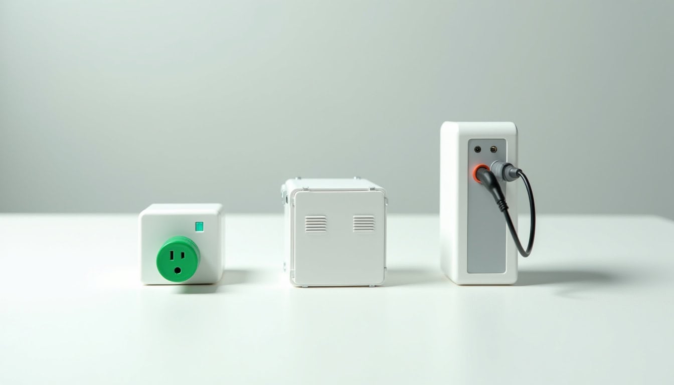 Comparaison visuelle des différents types de bornes de recharge: prise renforcée, wallbox et borne rapide