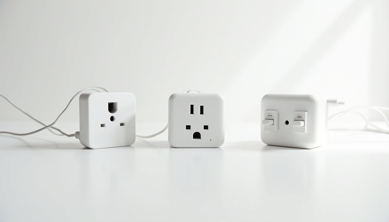 Comparaison visuelle des différents types de bornes de recharge: prise renforcée, wallbox monophasée et triphasée