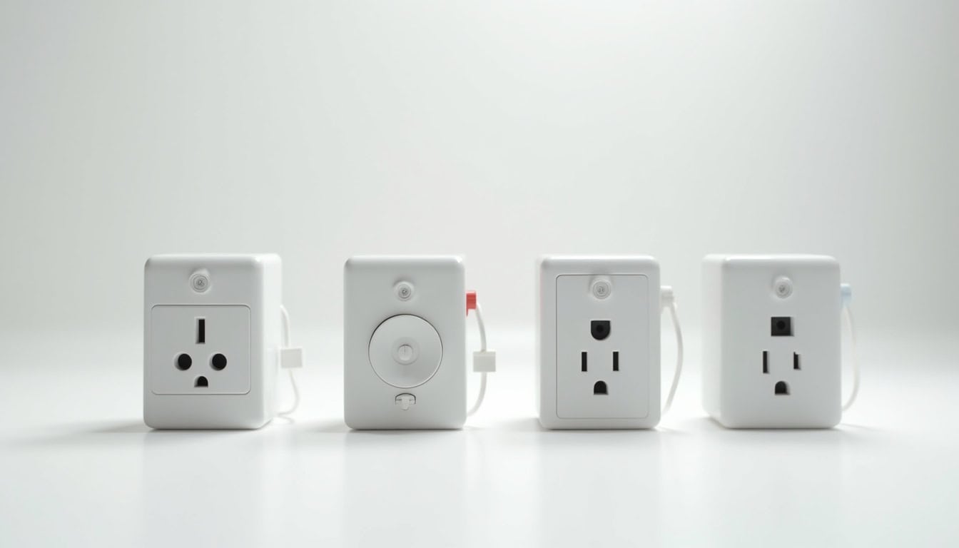 Comparaison visuelle des différents types de bornes de recharge: prise renforcée, wallbox monophasée, triphasée et connectée