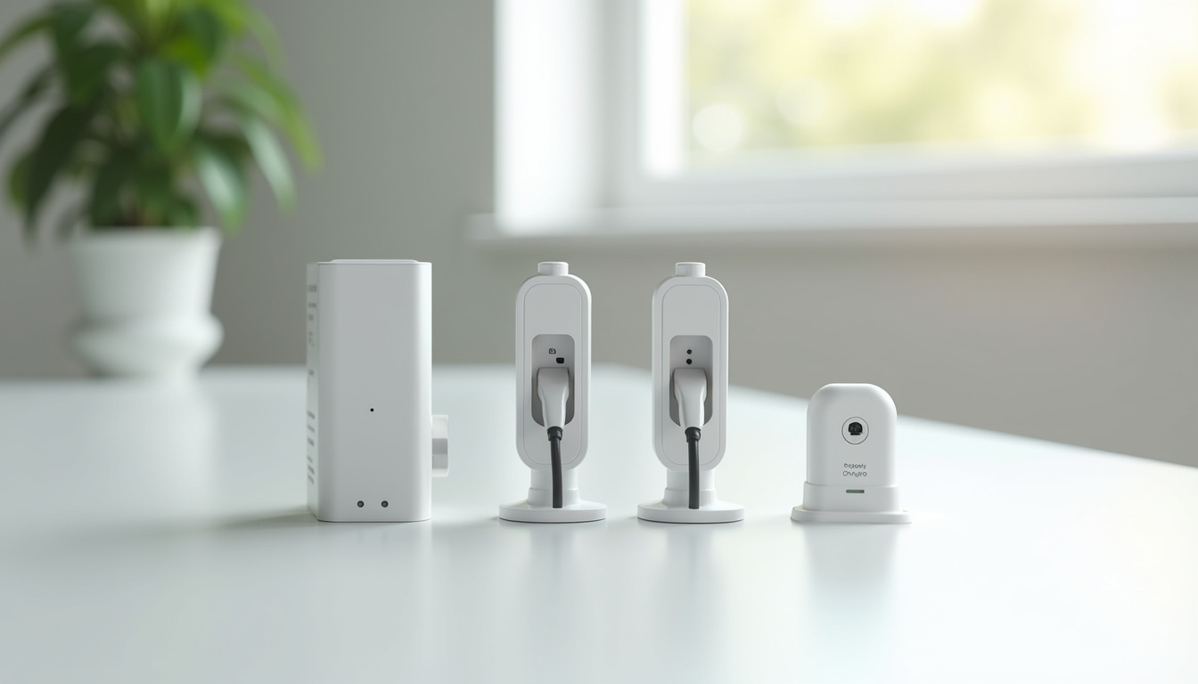 Comparaison visuelle des différents types de bornes de recharge: wallbox monophasée, triphasée et prise Green'Up