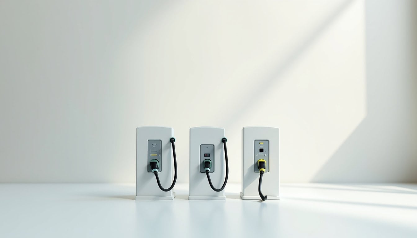 Comparaison visuelle des différents types de bornes électriques: prise renforcée Green'Up, wallbox 7,4 kW, borne triphasée 22 kW