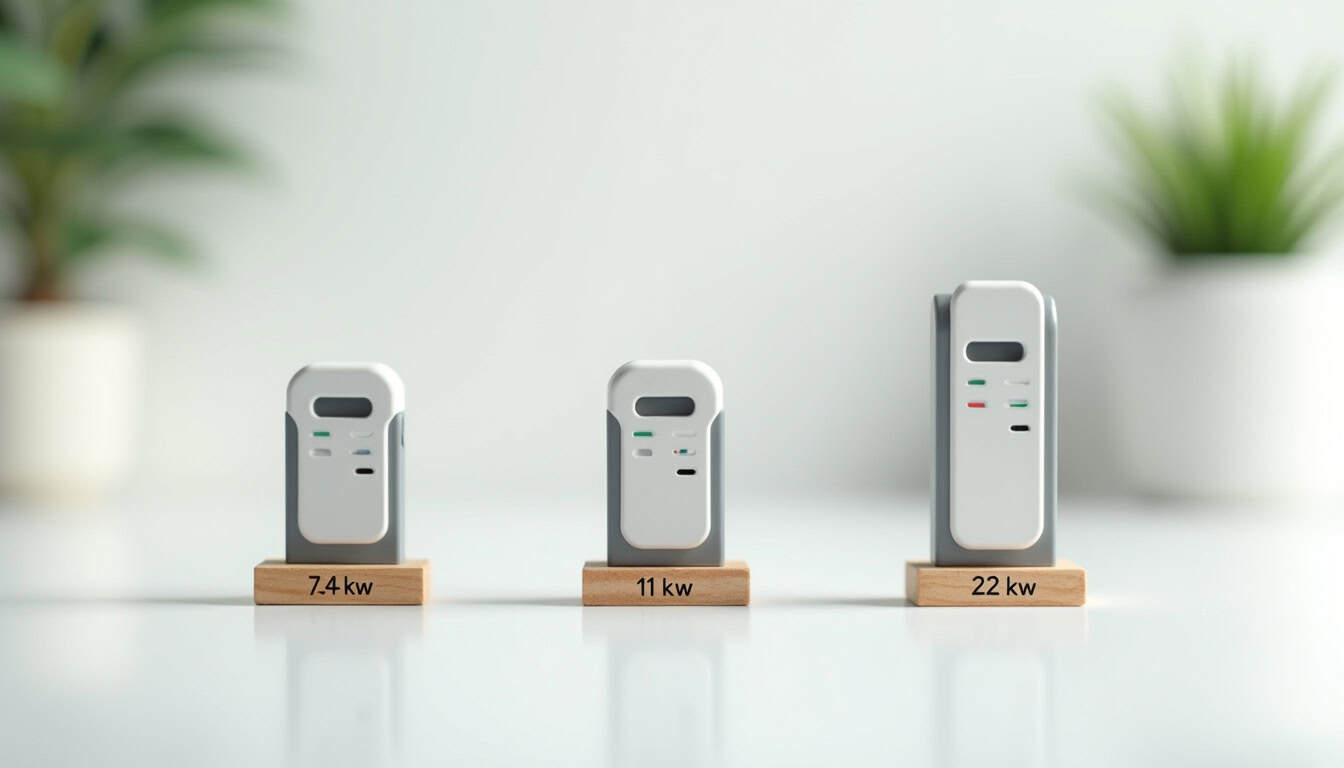 Comparaison visuelle des puissances de borne de recharge électrique: 7,4 kW, 11 kW et 22 kW