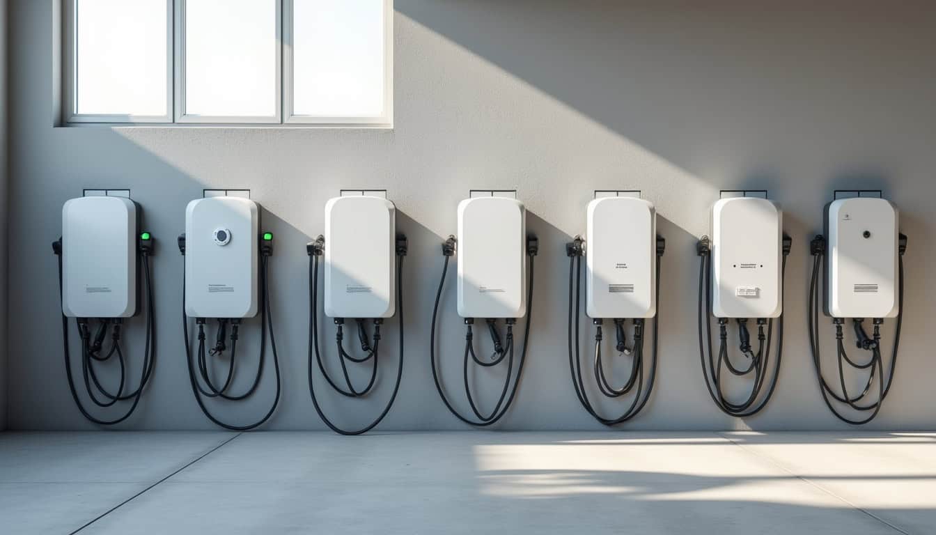 Comparaison visuelle entre différentes bornes de recharge murales installées dans un garage à Saint-André-de-la-Roche