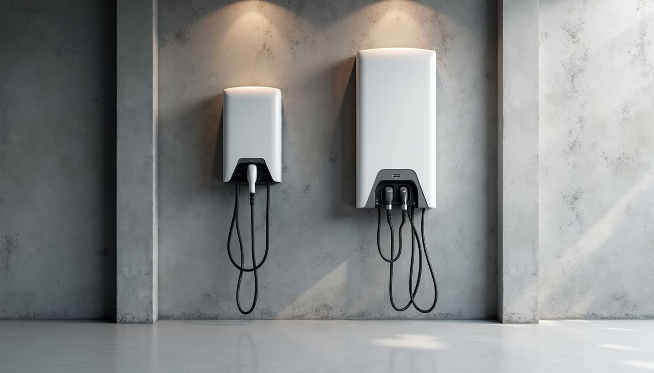 Comparaison visuelle entre une borne 7,4 kW pour particulier et une borne 22 kW pour professionnel dans un garage