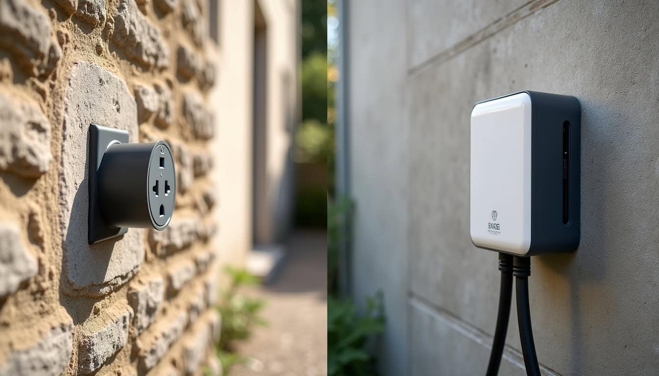 Comparaison visuelle entre une prise renforcée et une borne murale installée à Le Blanc